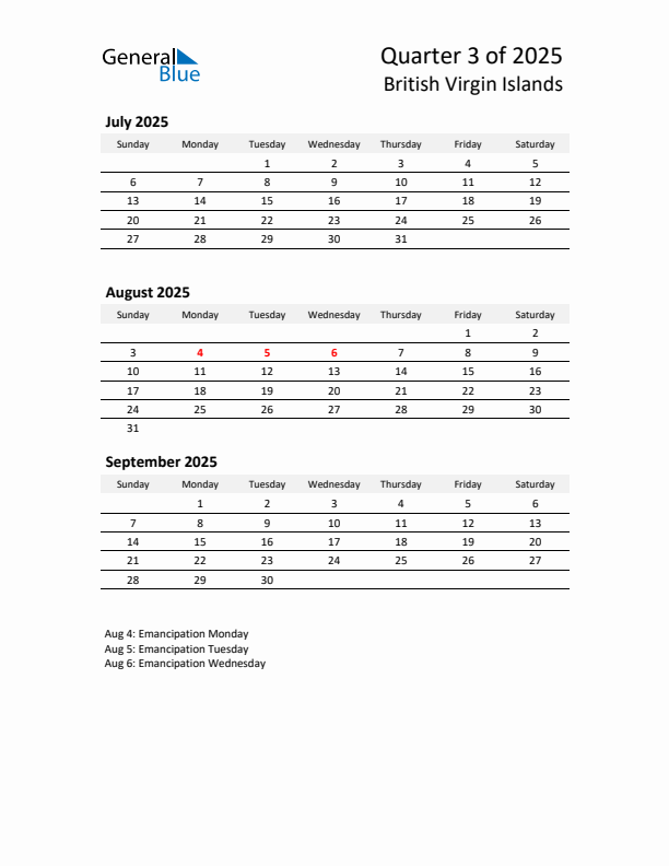 2025 Q3 Three-Month Calendar for British Virgin Islands