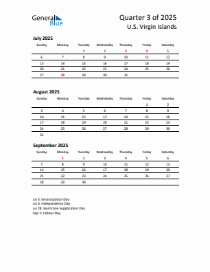 U.S. Virgin Islands Quarter 3  2025 calendar template