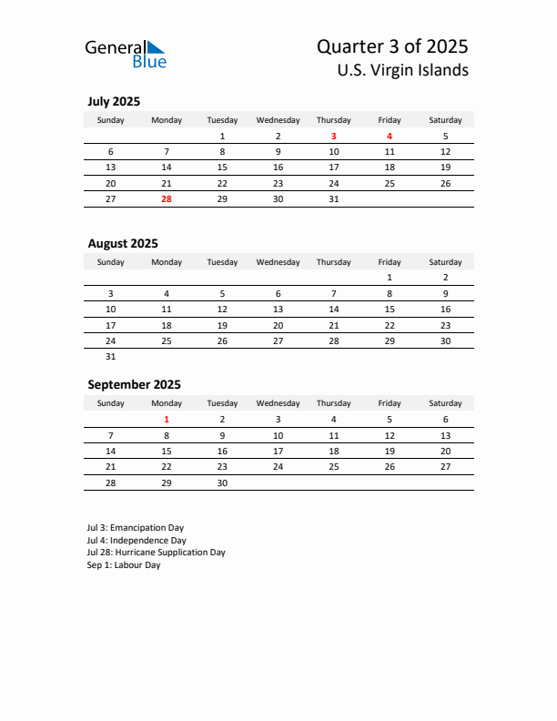 2025 Q3 Three-Month Calendar for U.S. Virgin Islands