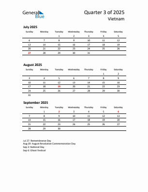 Vietnam Quarter 3  2025 calendar template