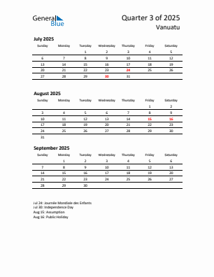 Vanuatu Quarter 3  2025 calendar template