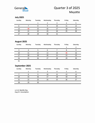 Mayotte Quarter 3  2025 calendar template