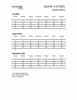 South Africa Quarter 3  2025 calendar template