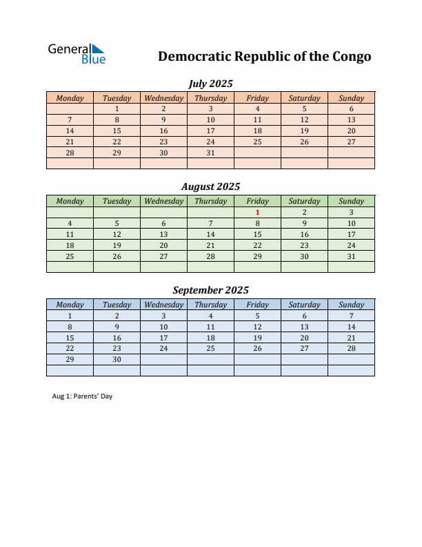 Q3 2025 Holiday Calendar - Democratic Republic of the Congo