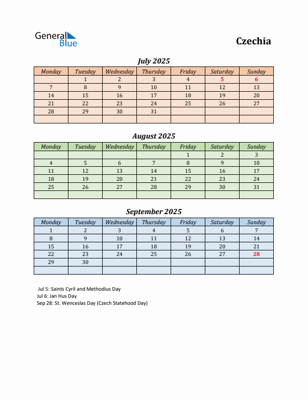 Q3 2025 Holiday Calendar - Czechia