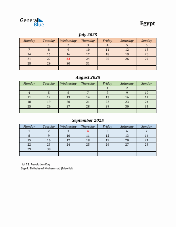 Q3 2025 Holiday Calendar - Egypt