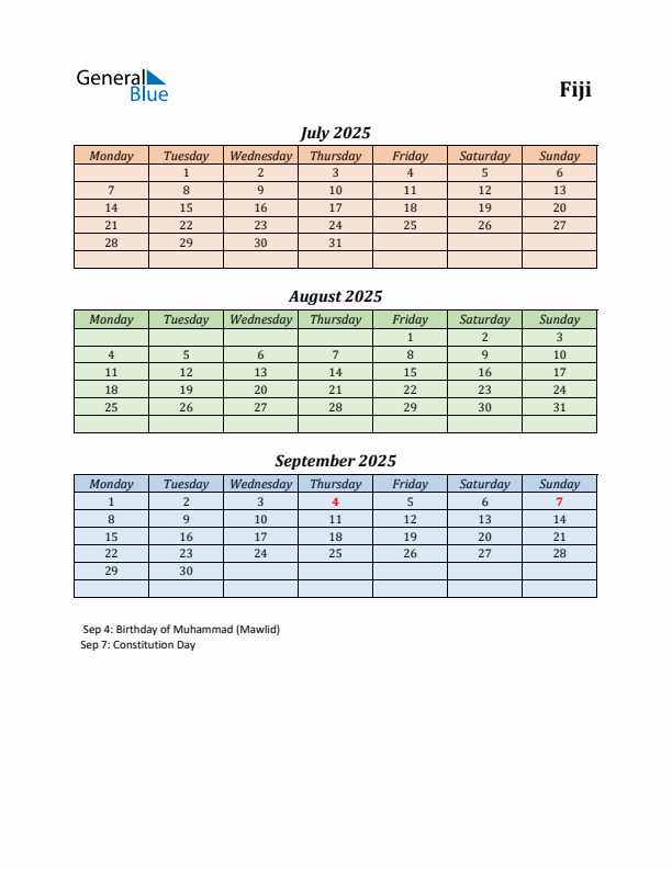 Q3 2025 Holiday Calendar - Fiji