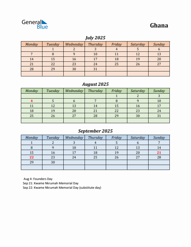 Q3 2025 Holiday Calendar - Ghana