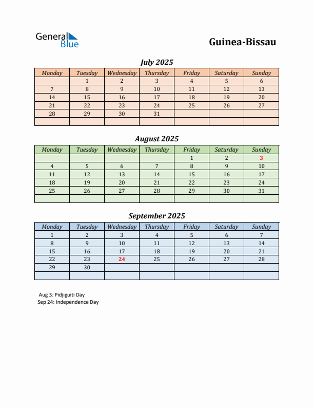 Q3 2025 Holiday Calendar - Guinea-Bissau