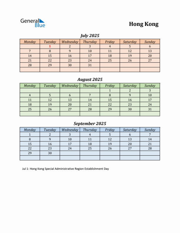Q3 2025 Holiday Calendar - Hong Kong
