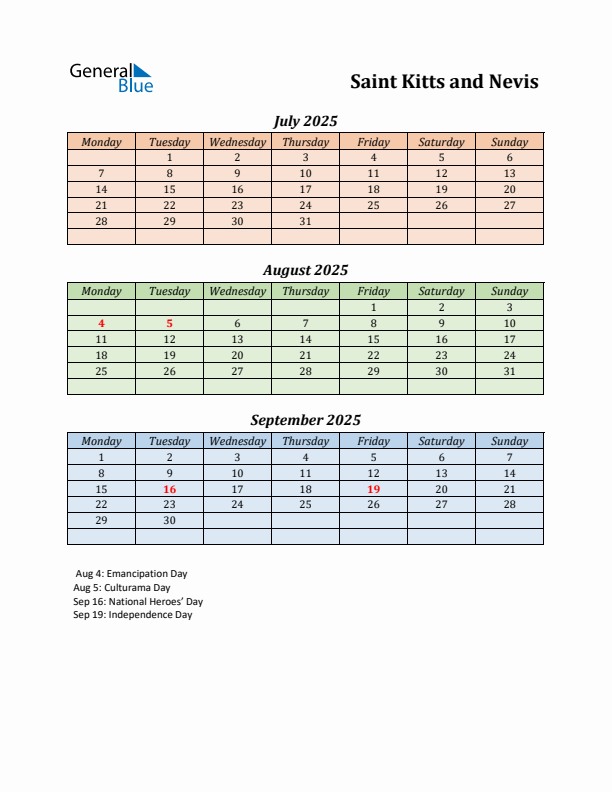 Q3 2025 Holiday Calendar - Saint Kitts and Nevis