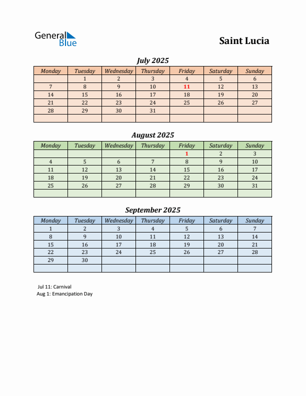 Q3 2025 Holiday Calendar - Saint Lucia