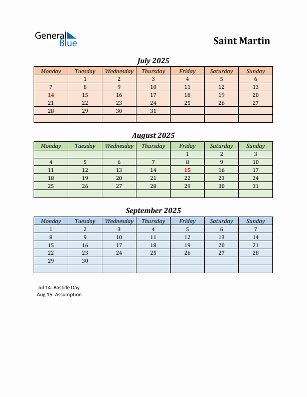 Q3 2025 Holiday Calendar - Saint Martin