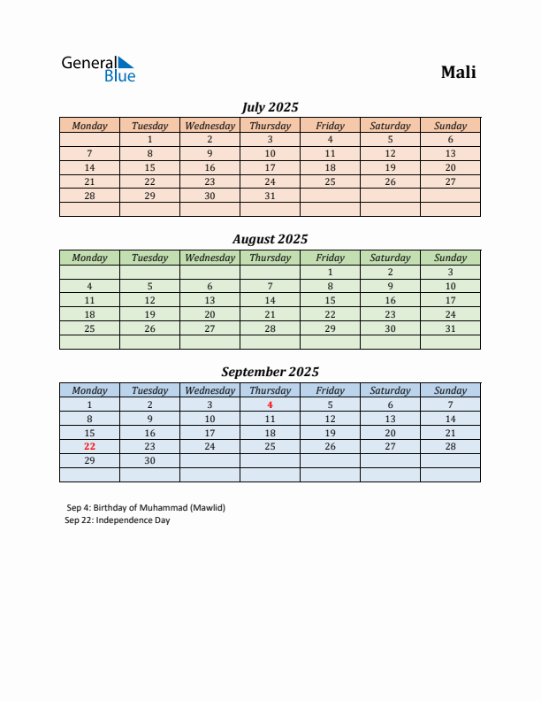 Q3 2025 Holiday Calendar - Mali