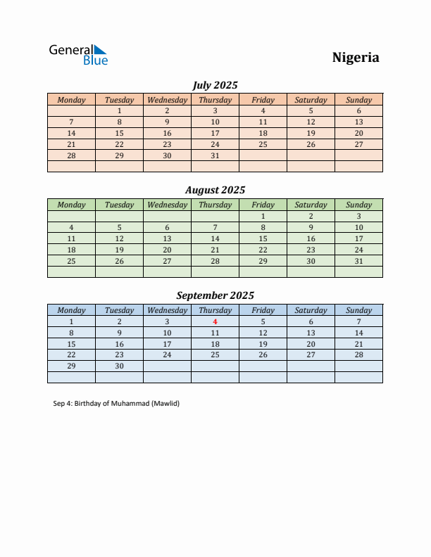 Q3 2025 Holiday Calendar - Nigeria