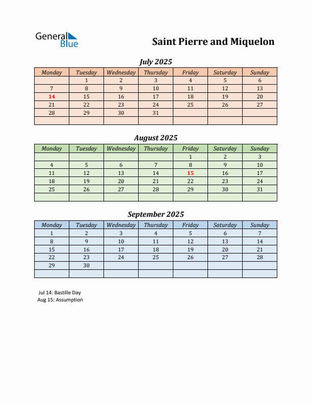 Q3 2025 Holiday Calendar - Saint Pierre and Miquelon