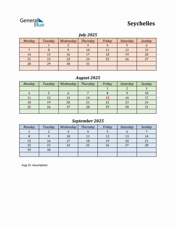 Q3 2025 Holiday Calendar - Seychelles