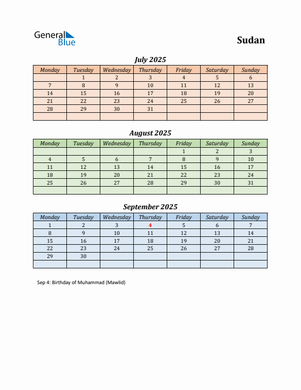 Q3 2025 Holiday Calendar - Sudan