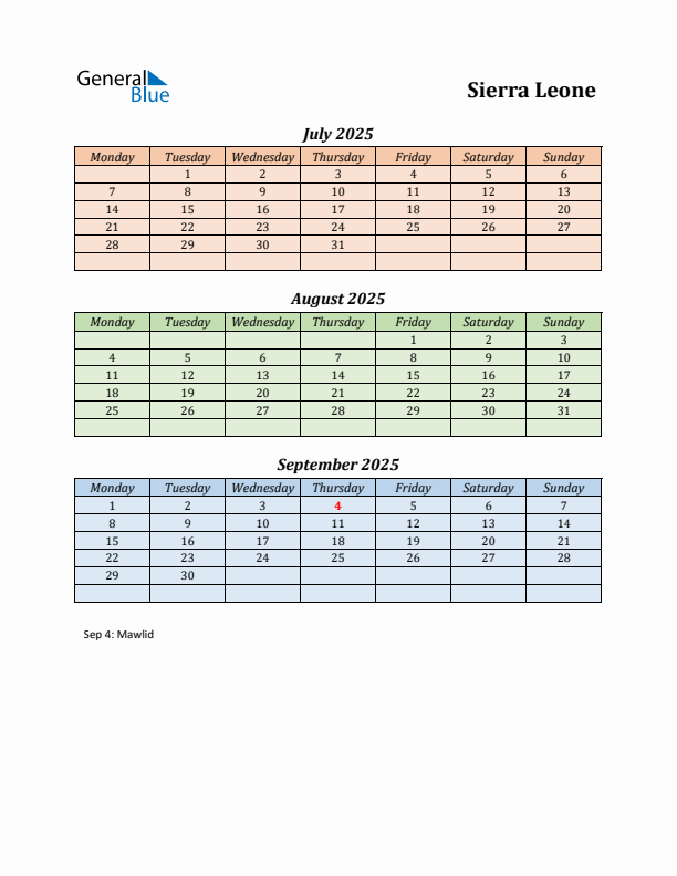 Q3 2025 Holiday Calendar - Sierra Leone