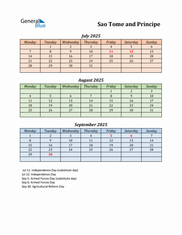 Q3 2025 Holiday Calendar - Sao Tome and Principe