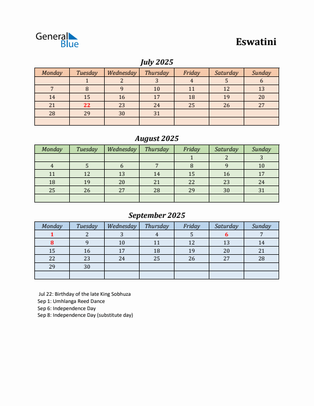 Q3 2025 Holiday Calendar - Eswatini