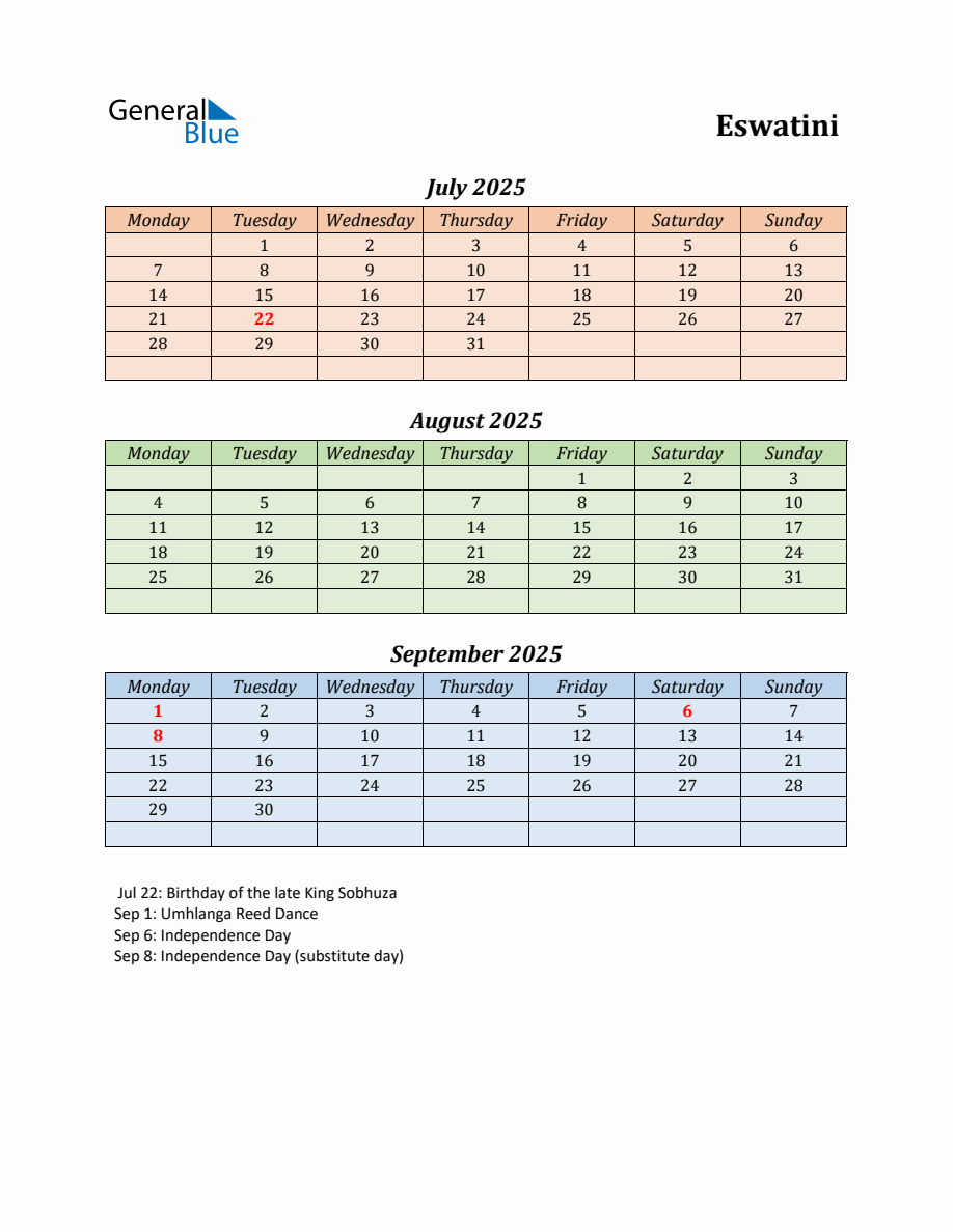 Q3 2025 Holiday Calendar for Eswatini - Monday Start