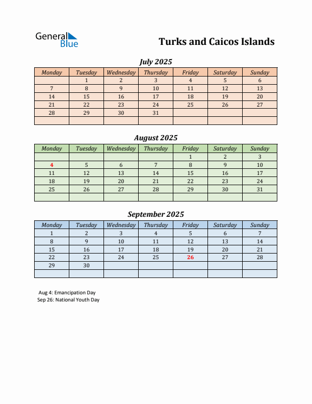 Q3 2025 Holiday Calendar - Turks and Caicos Islands