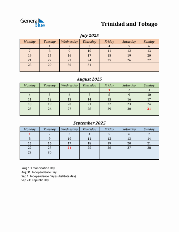 Q3 2025 Holiday Calendar - Trinidad and Tobago