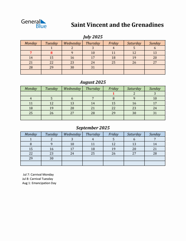 Q3 2025 Holiday Calendar - Saint Vincent and the Grenadines