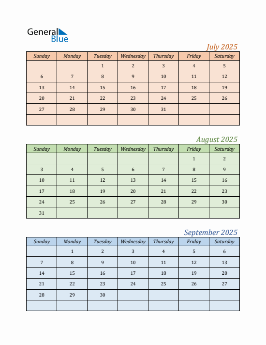Quarter 3 2025 calendar template