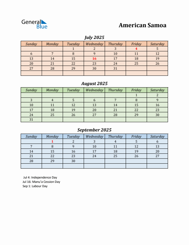 Q3 2025 Holiday Calendar - American Samoa