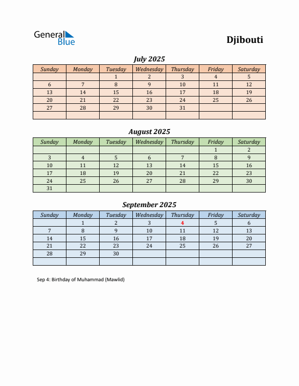 Q3 2025 Holiday Calendar - Djibouti