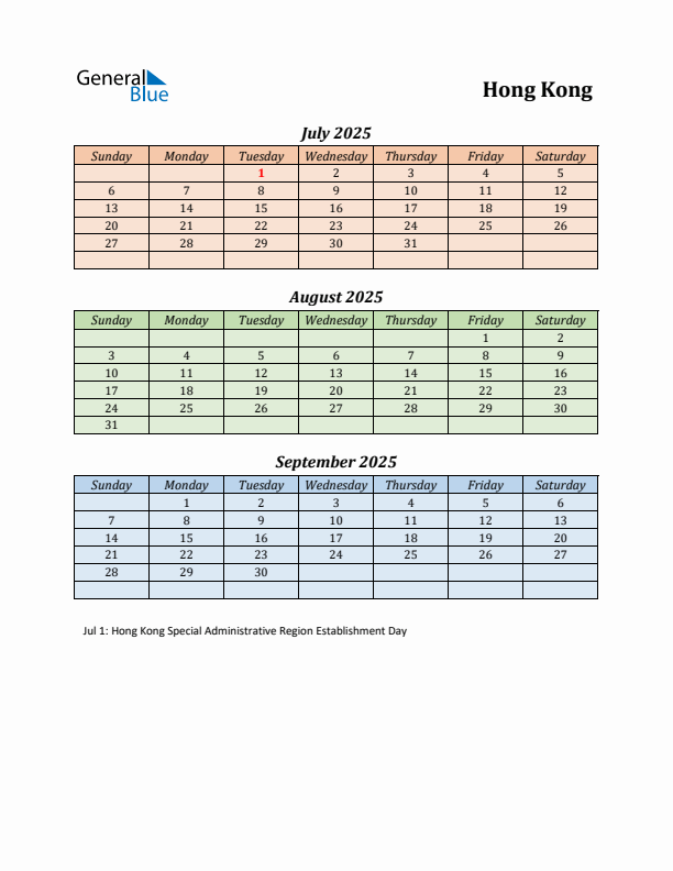 Q3 2025 Holiday Calendar - Hong Kong