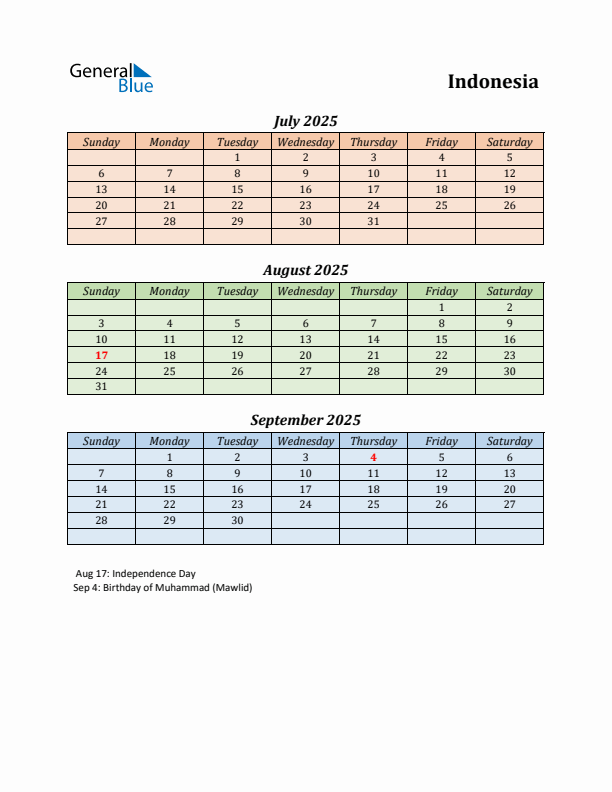 Q3 2025 Holiday Calendar - Indonesia
