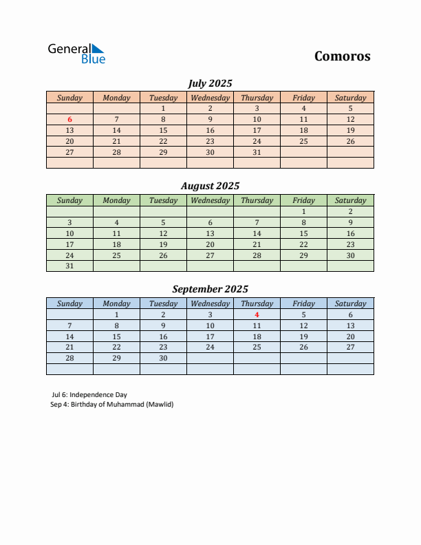Q3 2025 Holiday Calendar - Comoros
