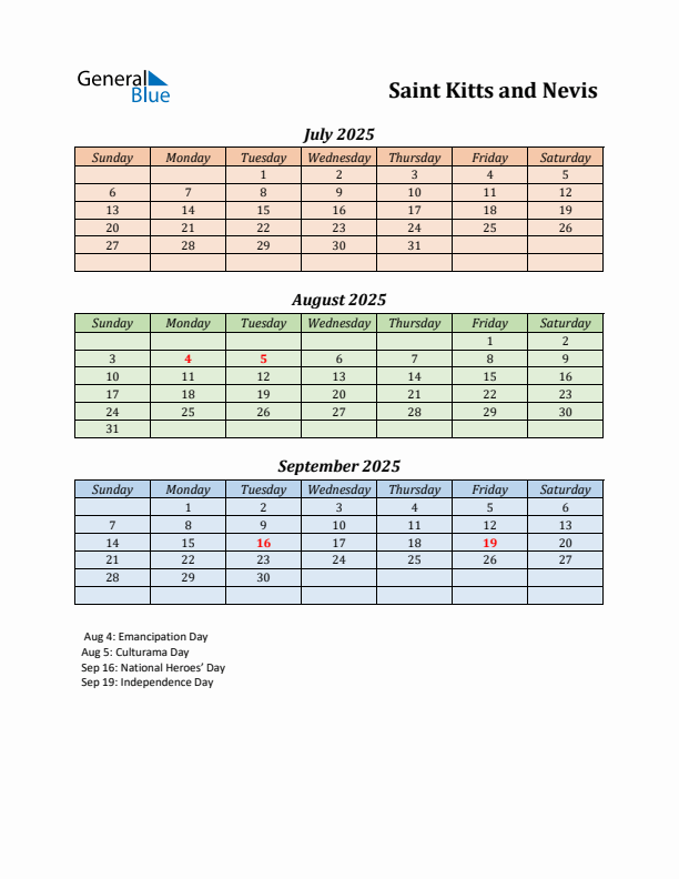 Q3 2025 Holiday Calendar - Saint Kitts and Nevis