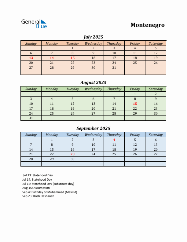 Q3 2025 Holiday Calendar - Montenegro