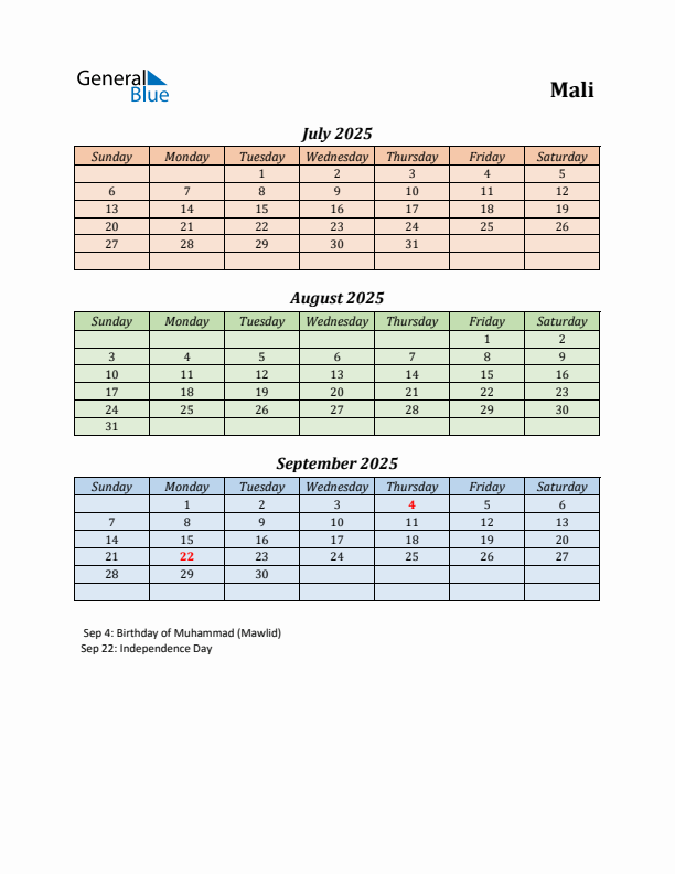 Q3 2025 Holiday Calendar - Mali