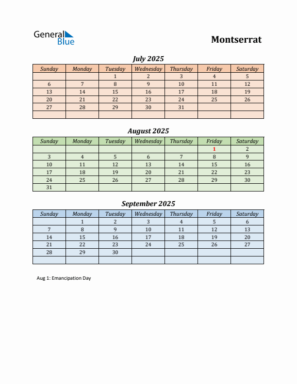 Q3 2025 Holiday Calendar - Montserrat