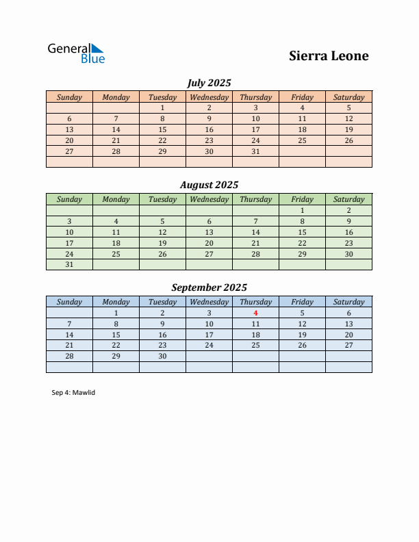 Q3 2025 Holiday Calendar - Sierra Leone