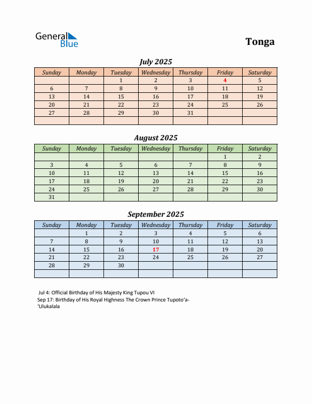 Q3 2025 Holiday Calendar - Tonga
