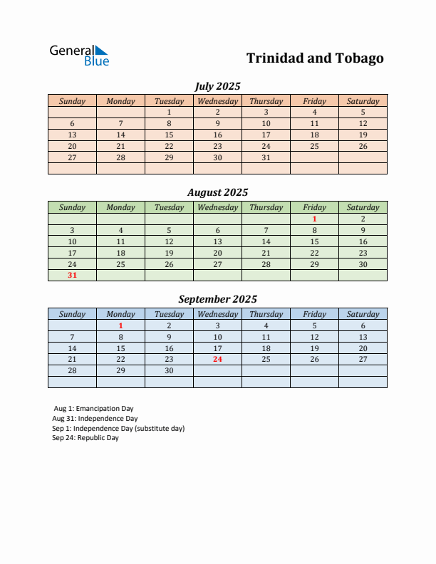 Q3 2025 Holiday Calendar - Trinidad and Tobago