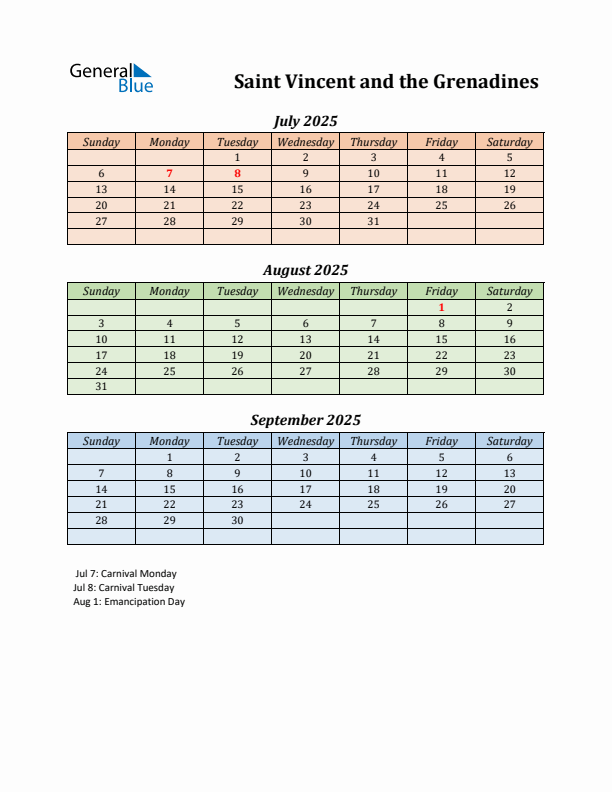 Q3 2025 Holiday Calendar - Saint Vincent and the Grenadines