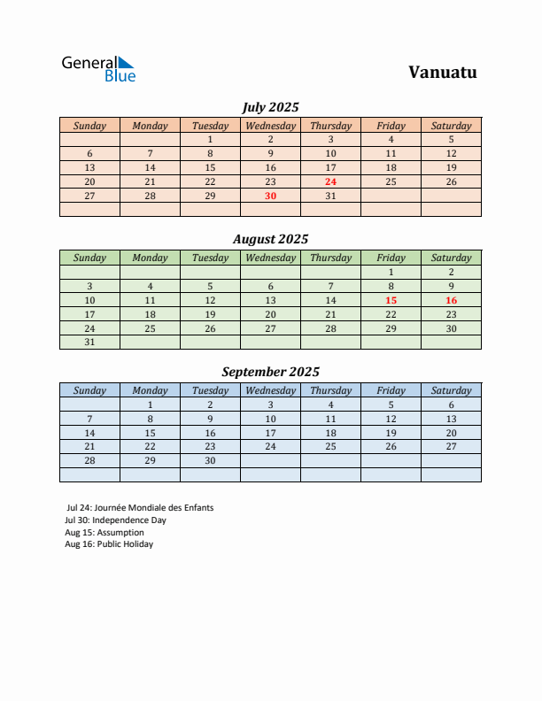 Q3 2025 Holiday Calendar - Vanuatu