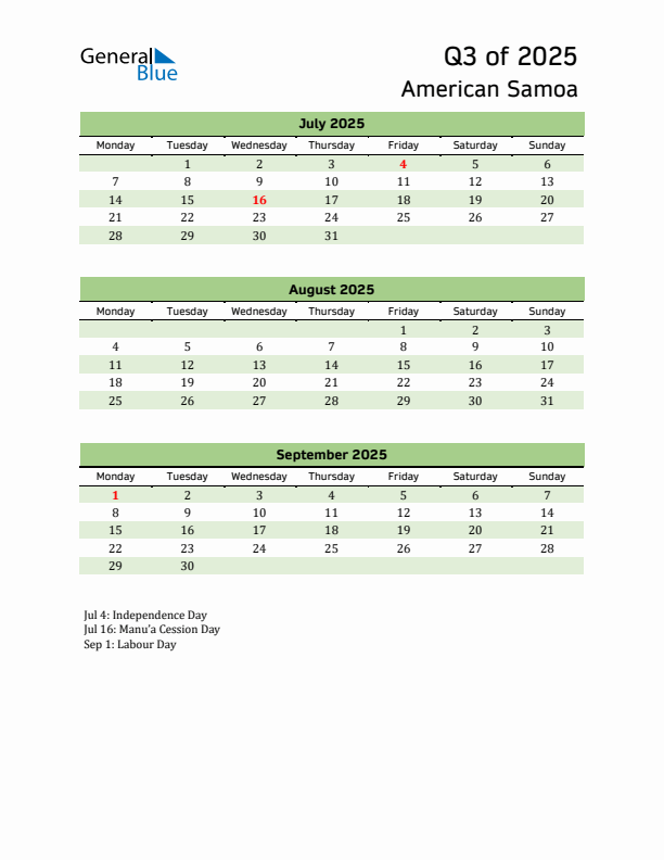 Quarterly Calendar 2025 with American Samoa Holidays