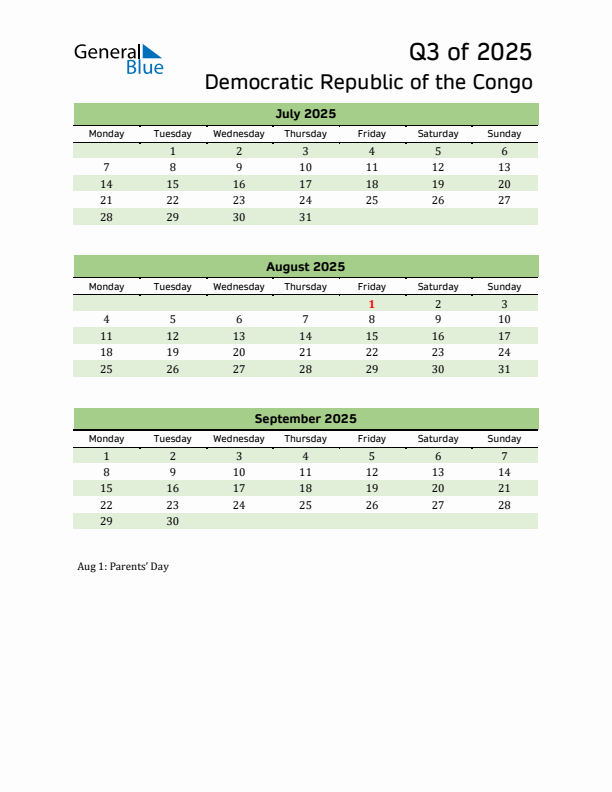 Quarterly Calendar 2025 with Democratic Republic of the Congo Holidays