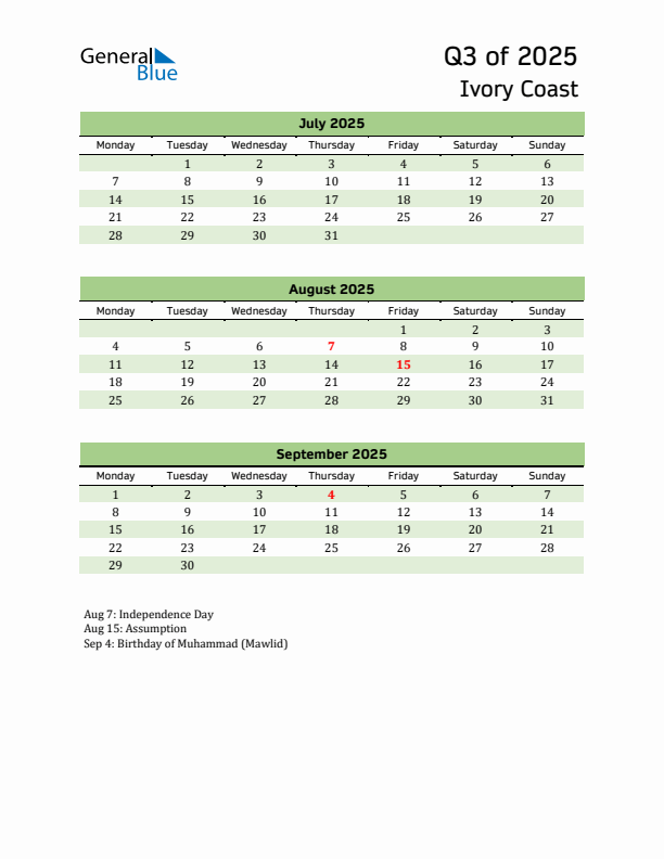 Quarterly Calendar 2025 with Ivory Coast Holidays