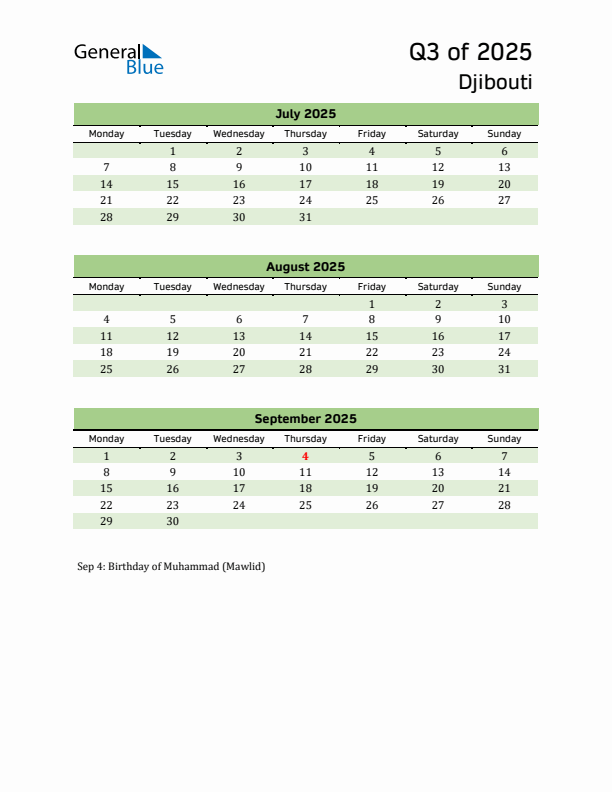 Quarterly Calendar 2025 with Djibouti Holidays