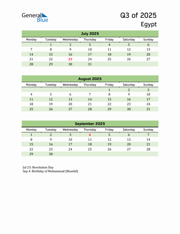 Quarterly Calendar 2025 with Egypt Holidays