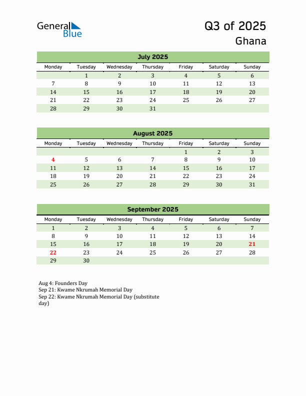 Quarterly Calendar 2025 with Ghana Holidays